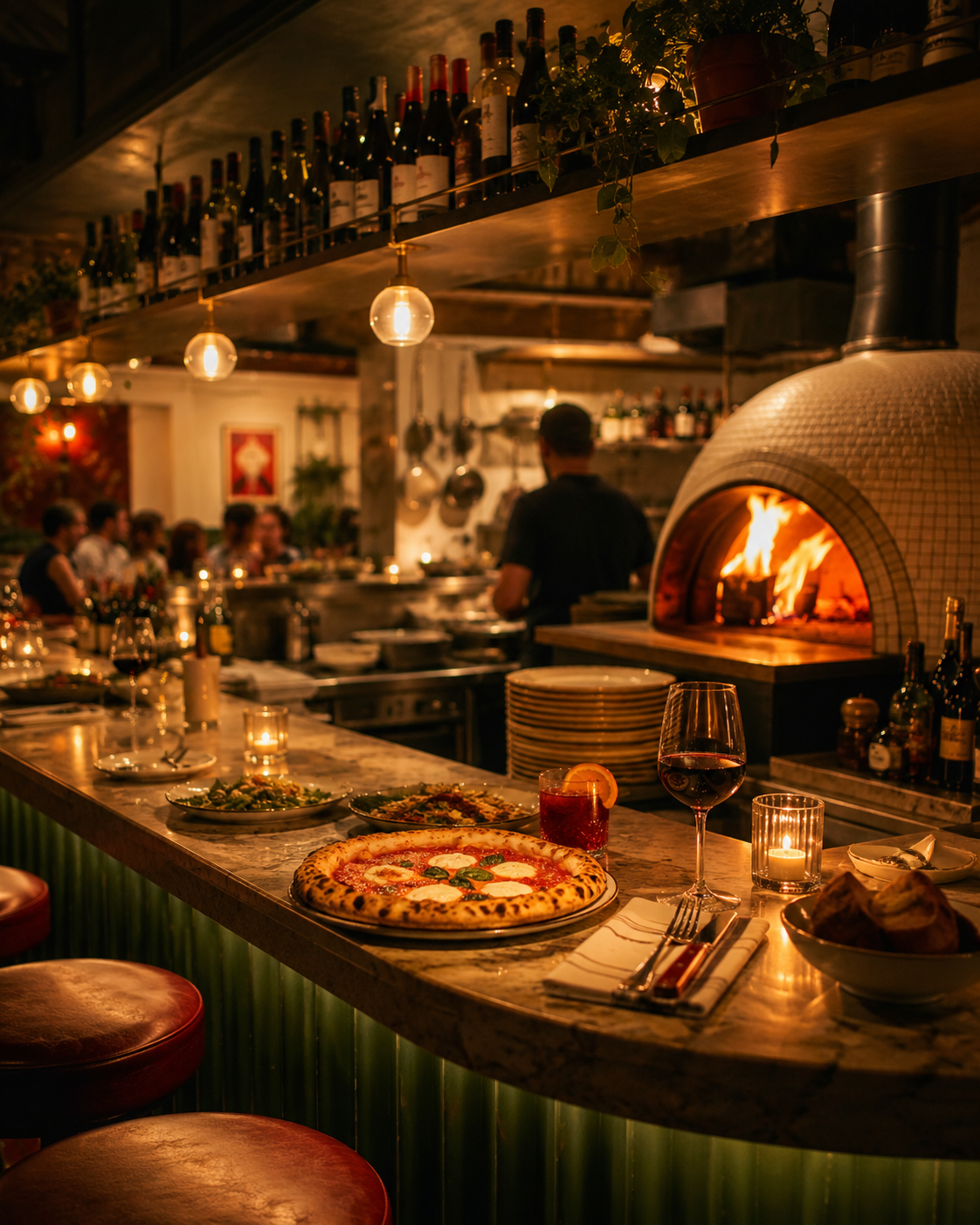 The Broken Oven Pizza Bar interior with pizza oven, drinks and warm restaurant atmosphere